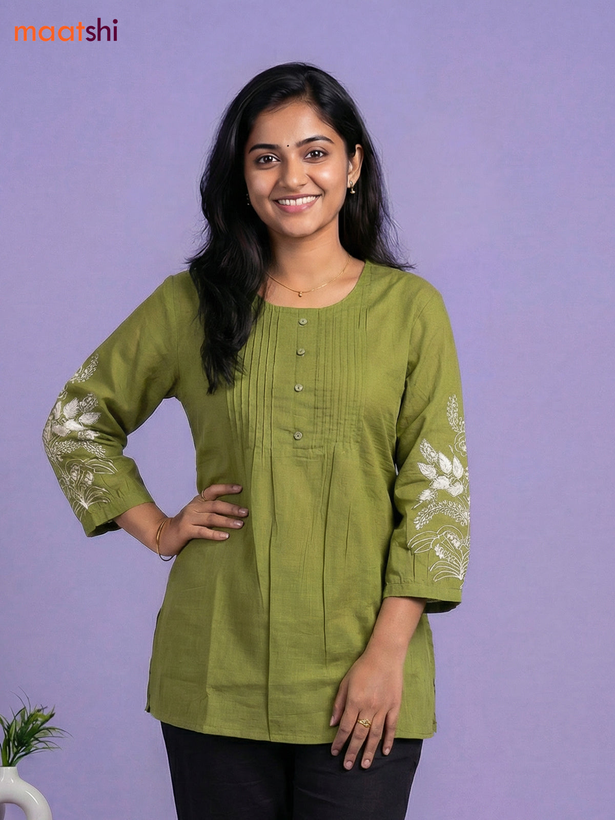 Green Cotton Embroidery Work Short Kurti