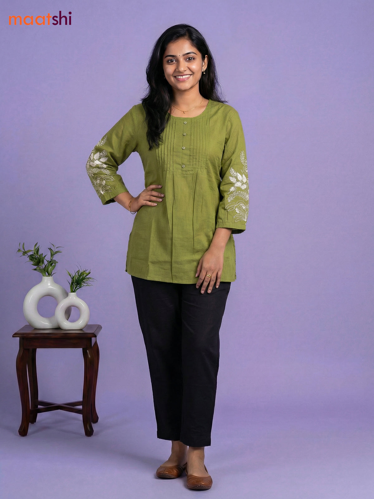 Green Cotton Embroidery Work Short Kurti