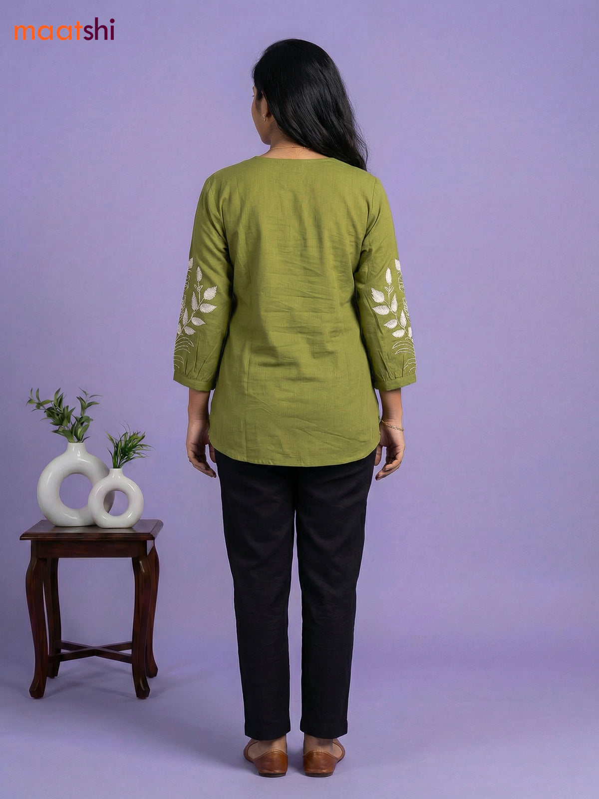 Green Cotton Embroidery Work Short Kurti