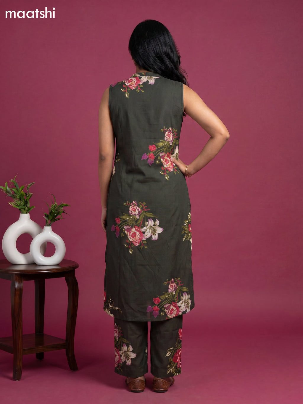 Dark Sap Green Cotton Floral Printed Long Co-Ord Set