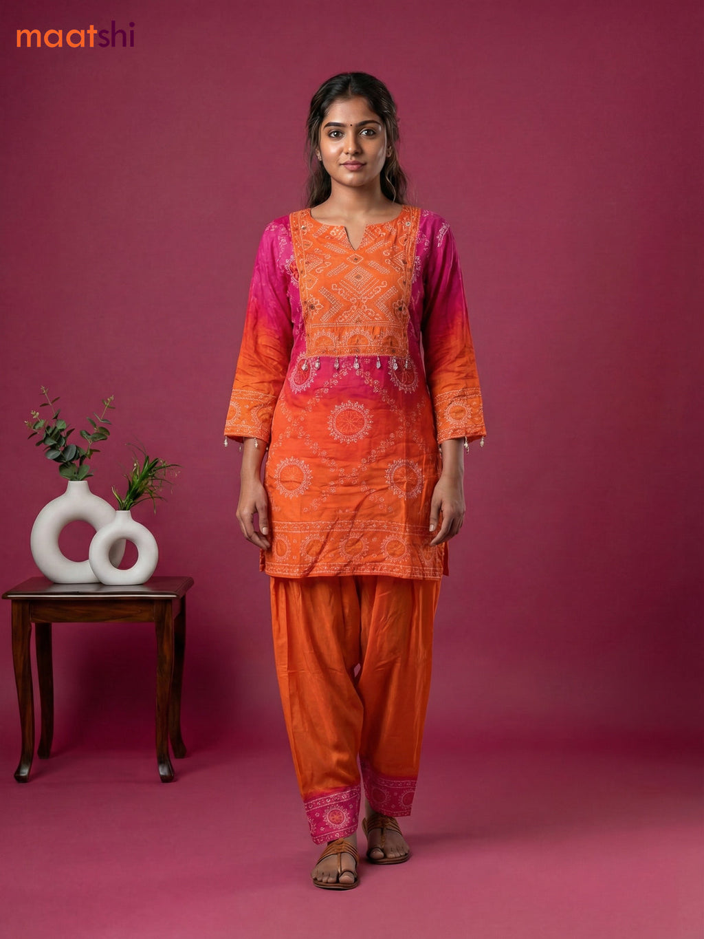 Pink and Orange Crepe Silk Bandhini Printed Co-Ord Set