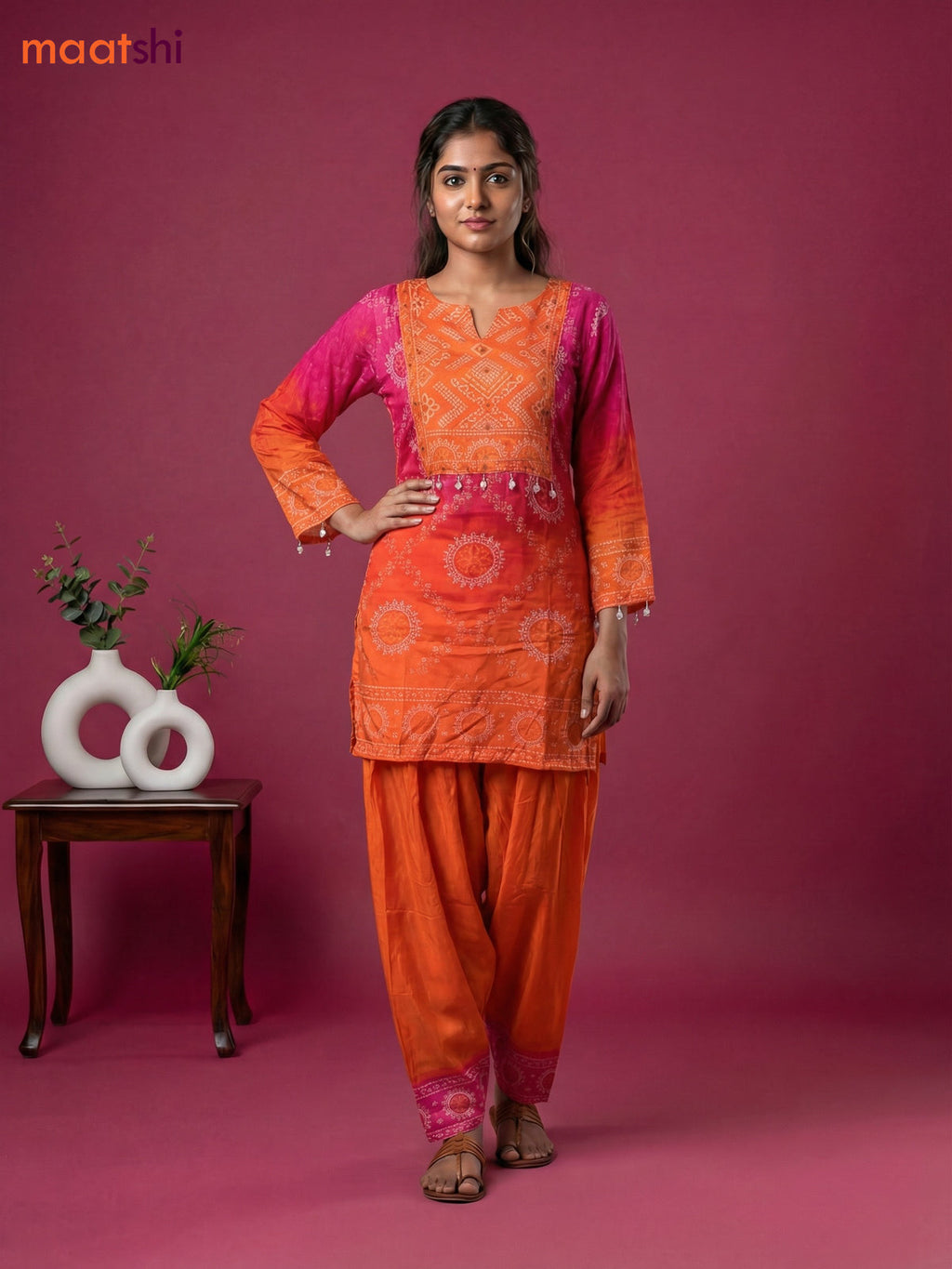 Pink and Orange Crepe Silk Bandhini Printed Co-Ord Set