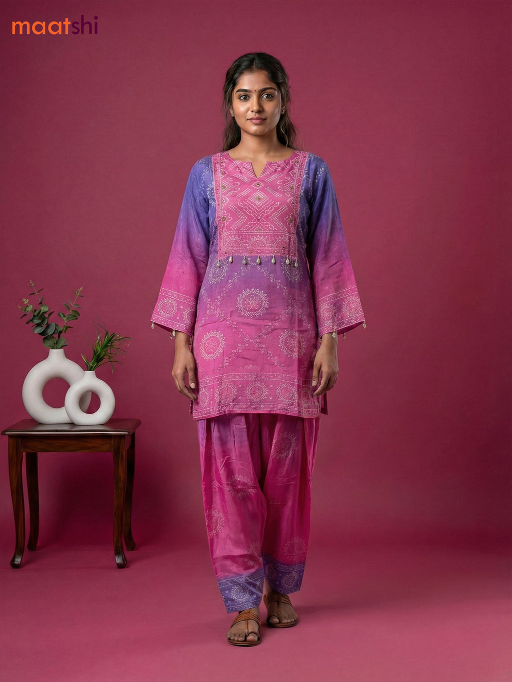 Lavender and Pink Crepe Silk Bandhini Printed Co-Ord Set