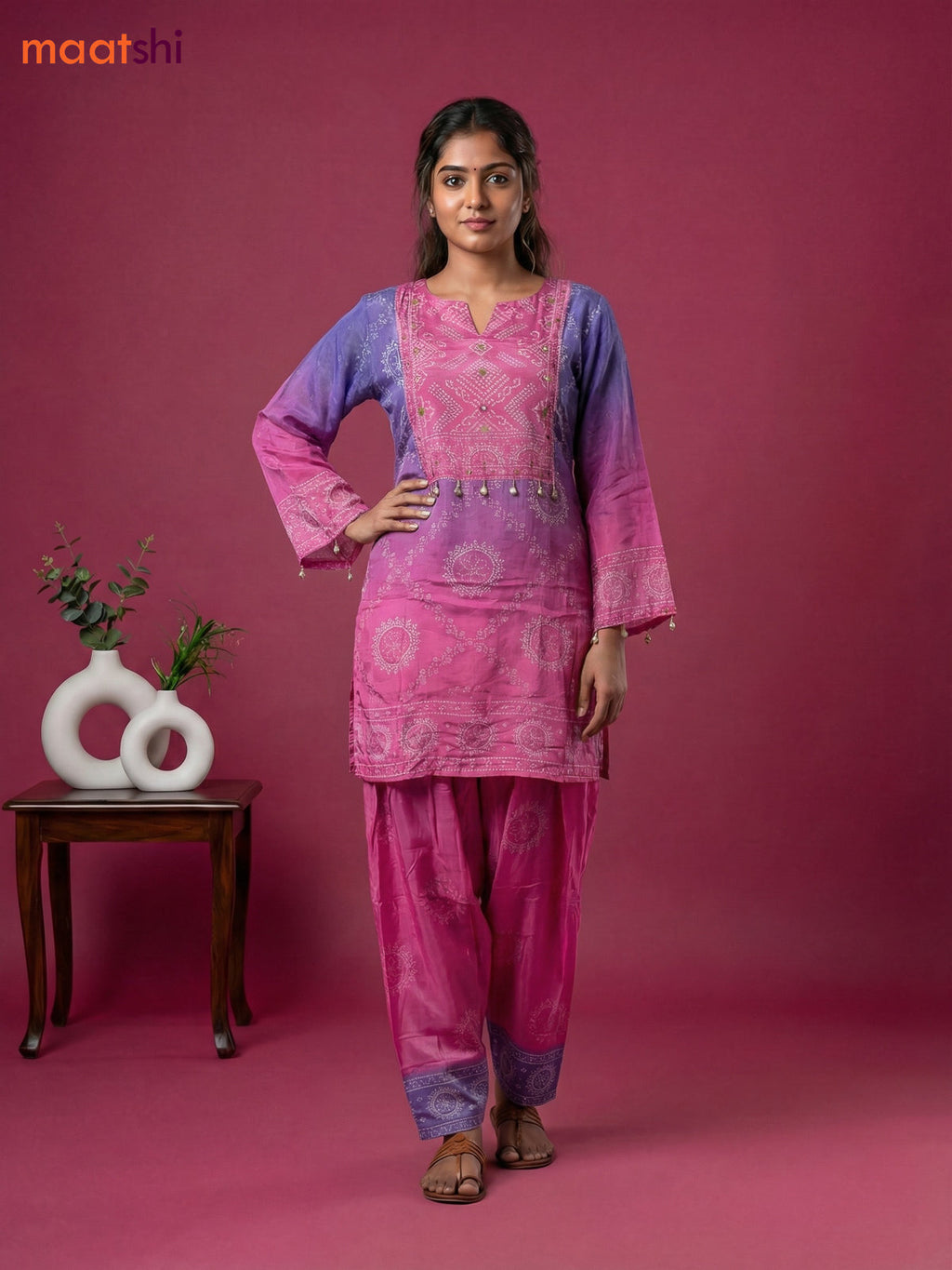 Lavender and Pink Crepe Silk Bandhini Printed Co-Ord Set