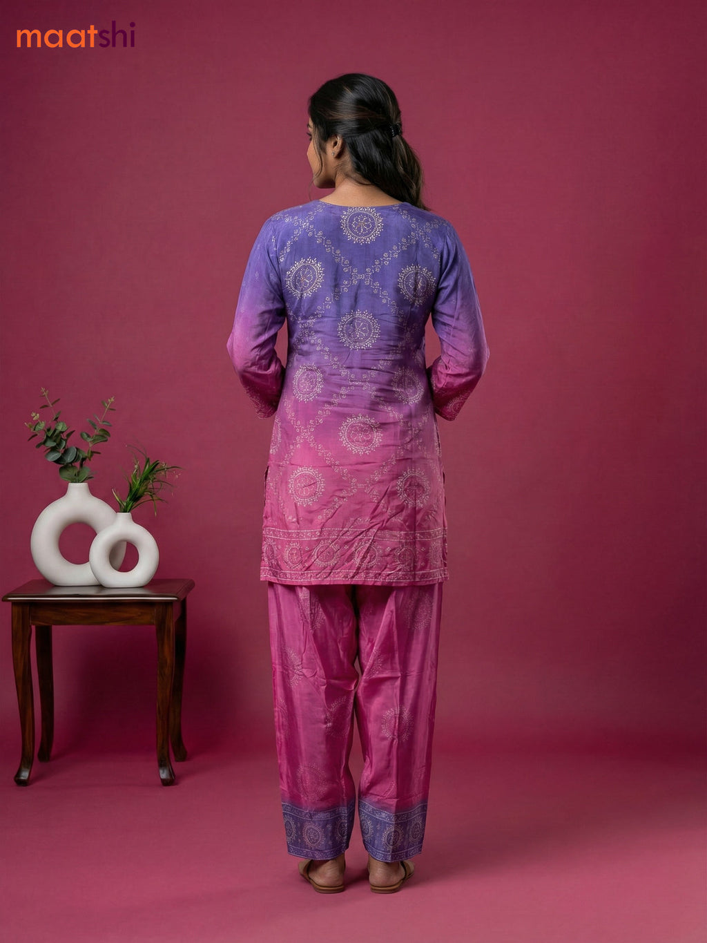 Lavender and Pink Crepe Silk Bandhini Printed Co-Ord Set