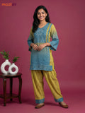 Lime Green and Pastel Blue Crepe Silk Bandhini Printed Co-Ord Set