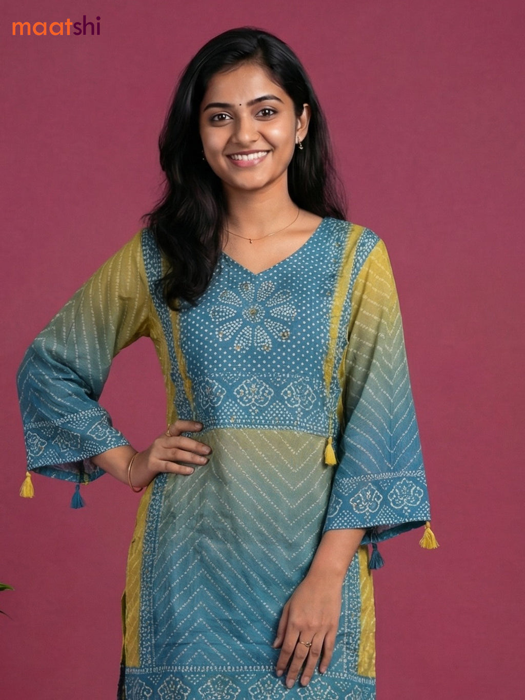 Lime Green and Pastel Blue Crepe Silk Bandhini Printed Co-Ord Set