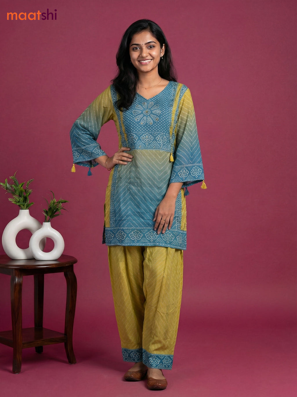 Lime Green and Pastel Blue Crepe Silk Bandhini Printed Co-Ord Set