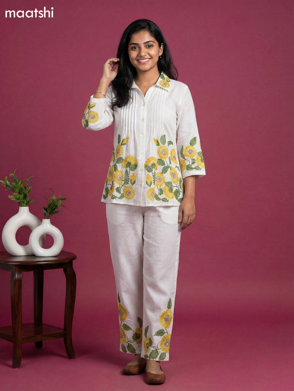 Off White Cotton Floral Embroidery Work Co-Ord Set