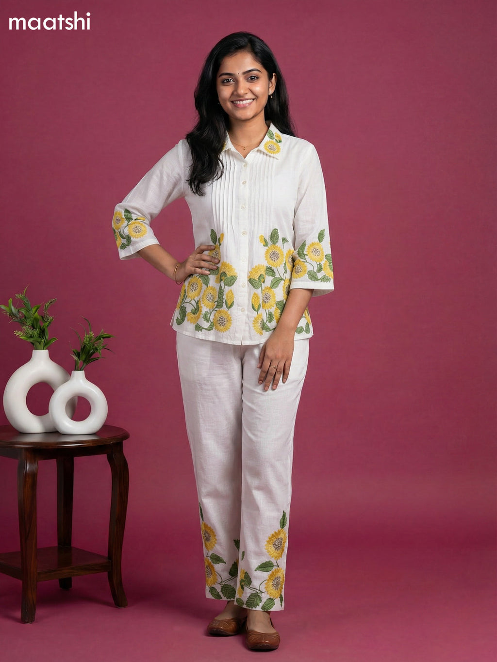 Off White Cotton Floral Embroidery Work Co-Ord Set