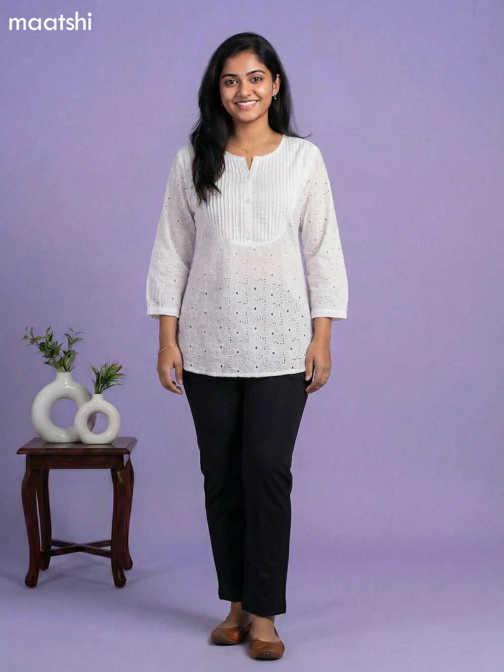 Off White Cotton Hakoba Work & Simple Embroidery Work Short Kurti