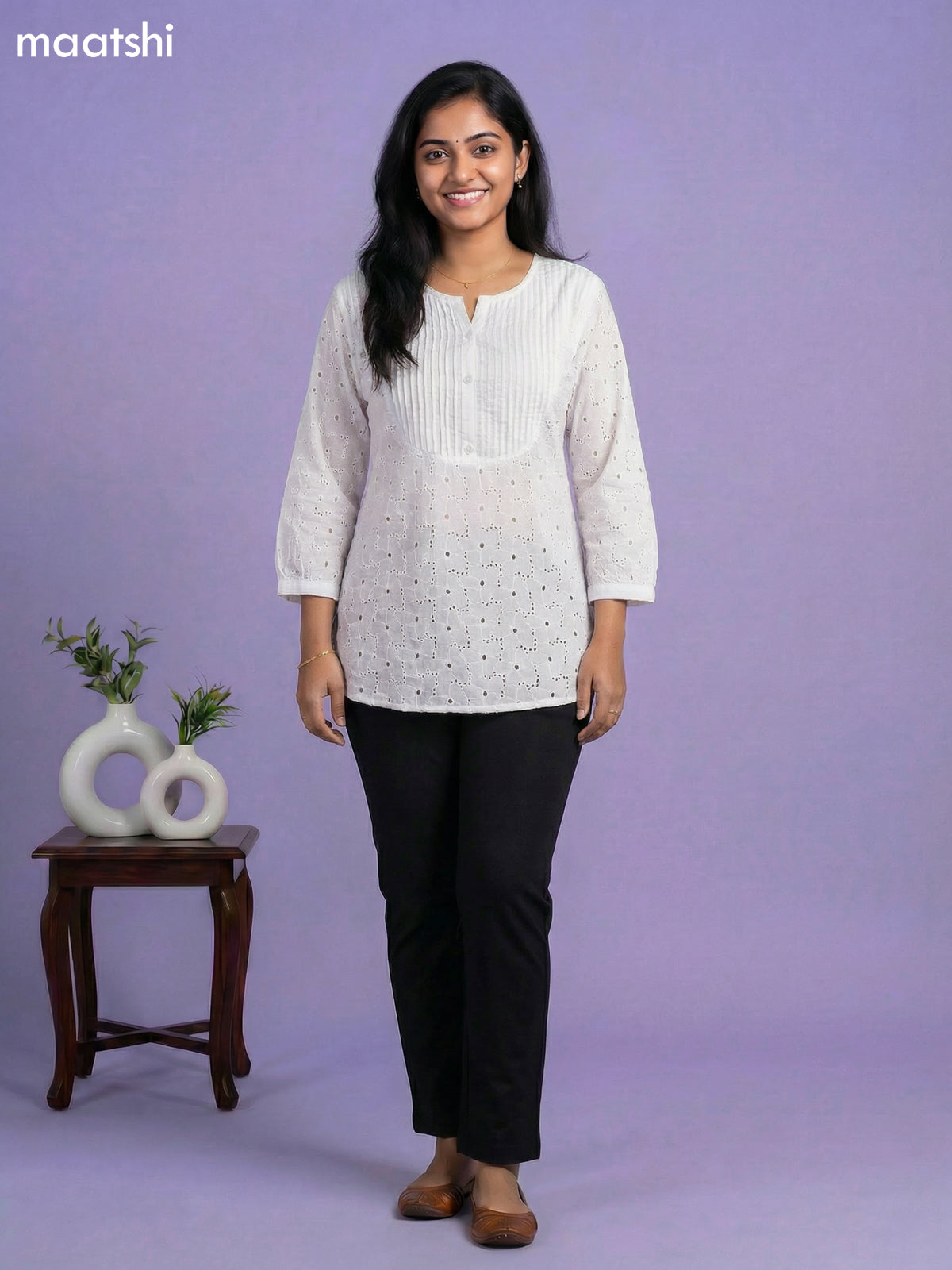 Off White Cotton Hakoba Work & Simple Embroidery Work Short Kurti