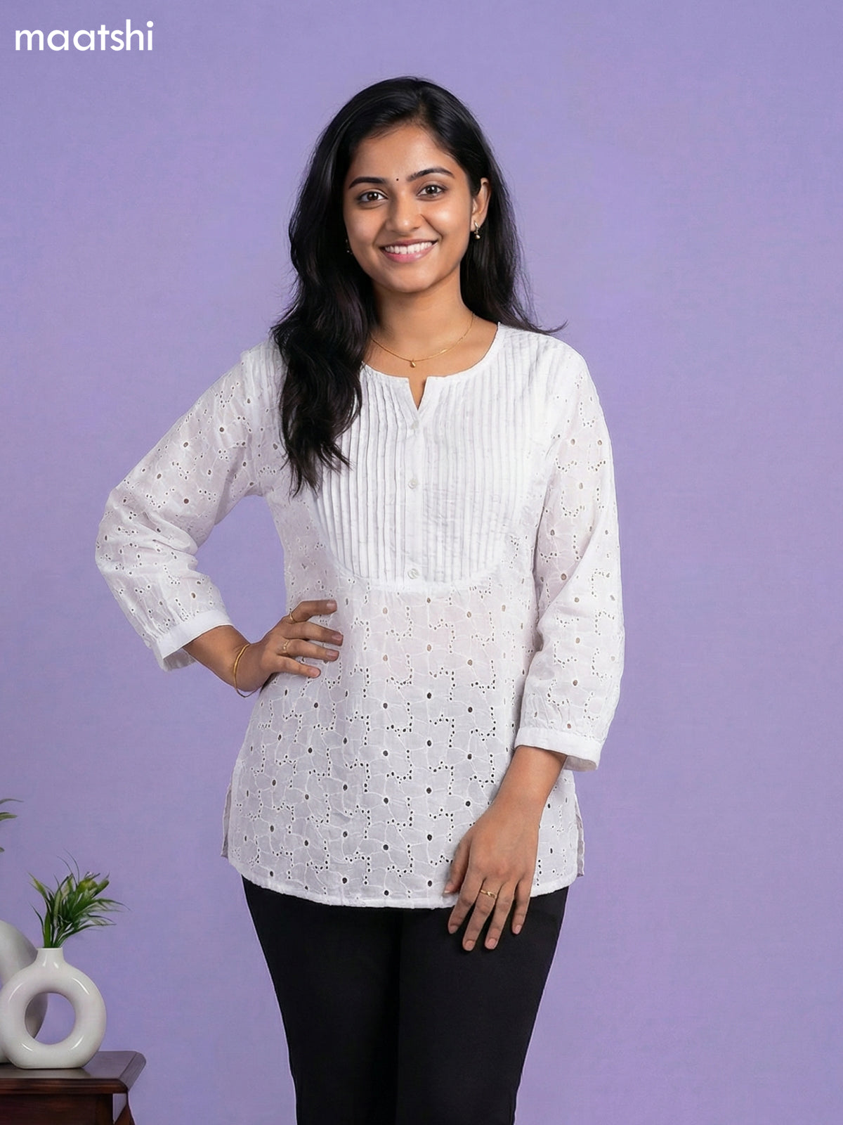 Off White Cotton Hakoba Work & Simple Embroidery Work Short Kurti