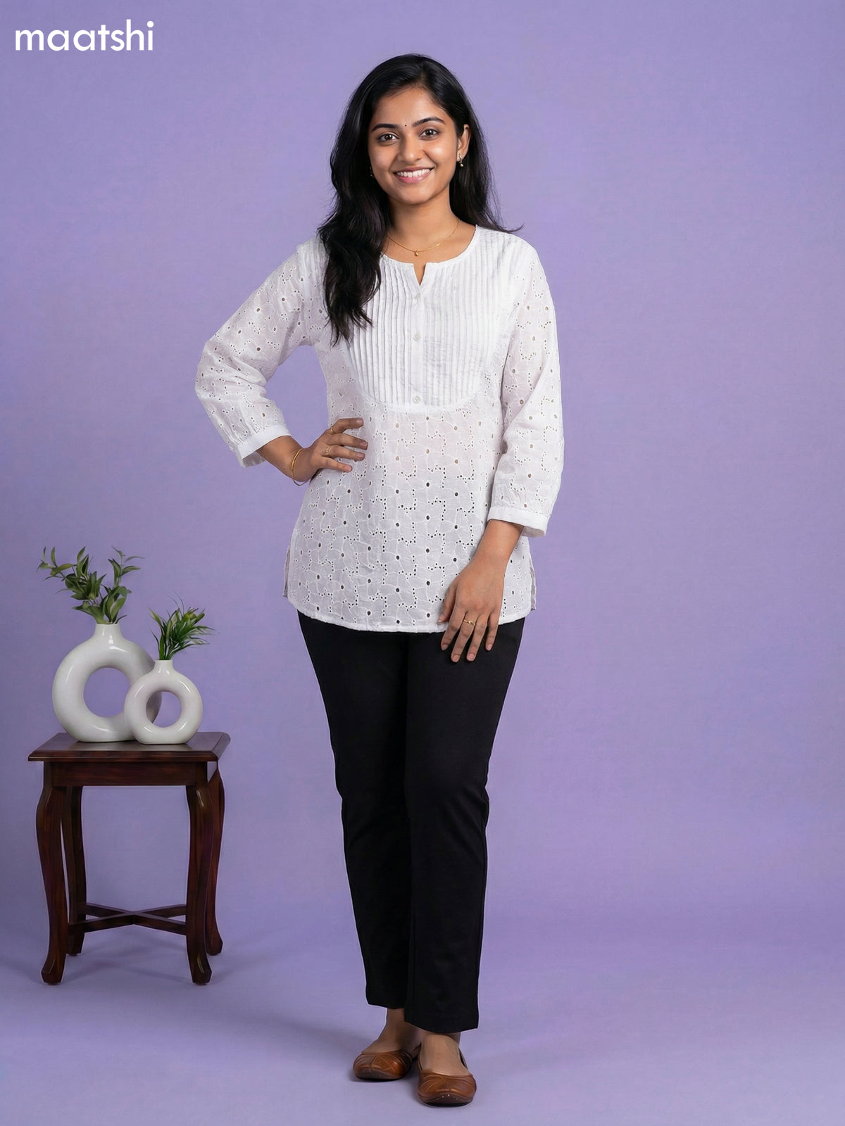 Off White Cotton Hakoba Work & Simple Embroidery Work Short Kurti