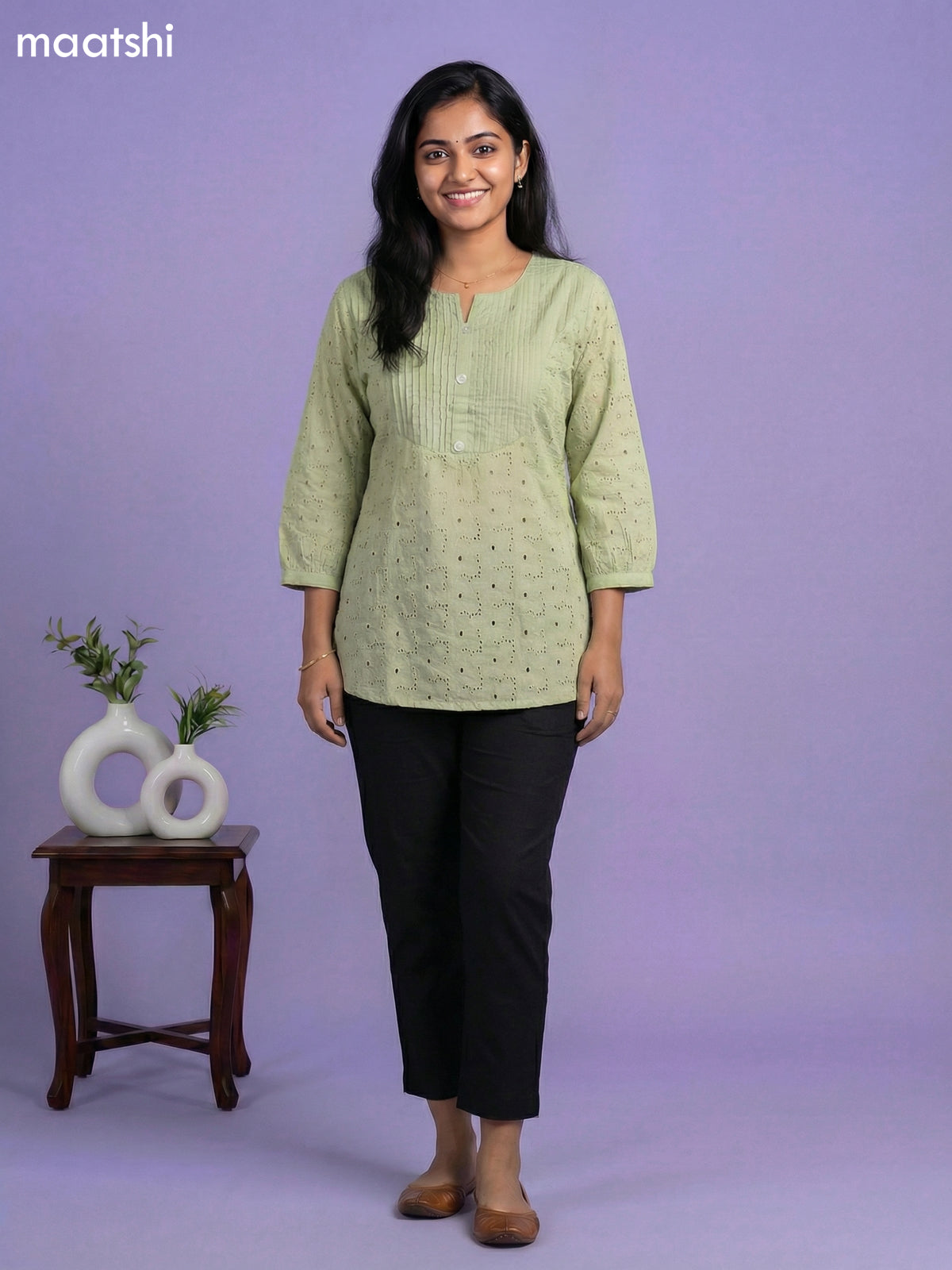 Pastel Green Cotton Hakoba Work & Simple Embroidery Work Short Kurti