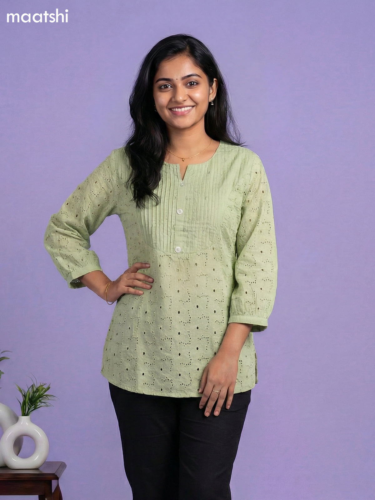 Pastel Green Cotton Hakoba Work & Simple Embroidery Work Short Kurti