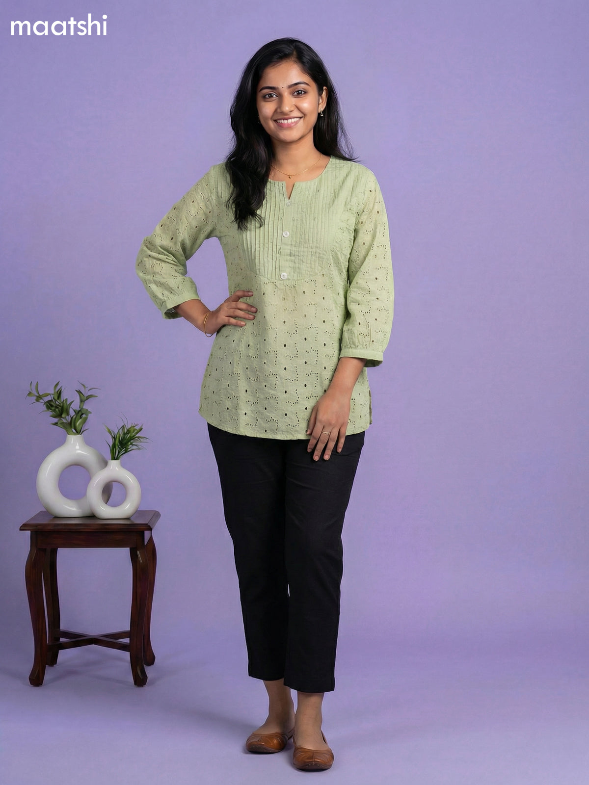 Pastel Green Cotton Hakoba Work & Simple Embroidery Work Short Kurti