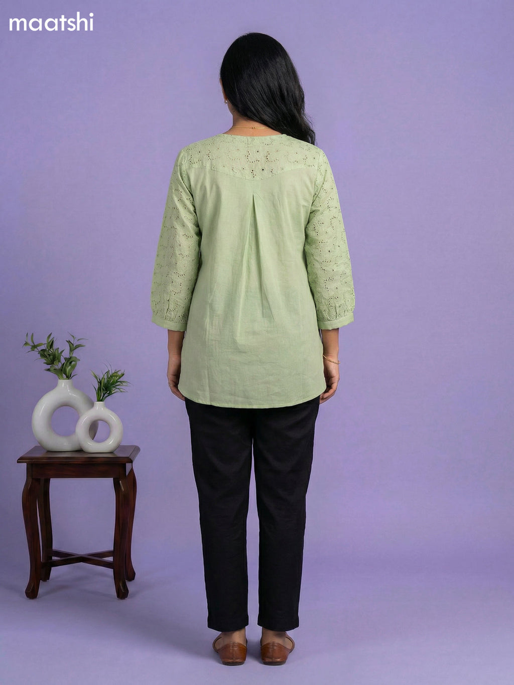 Pastel Green Cotton Hakoba Work & Simple Embroidery Work Short Kurti