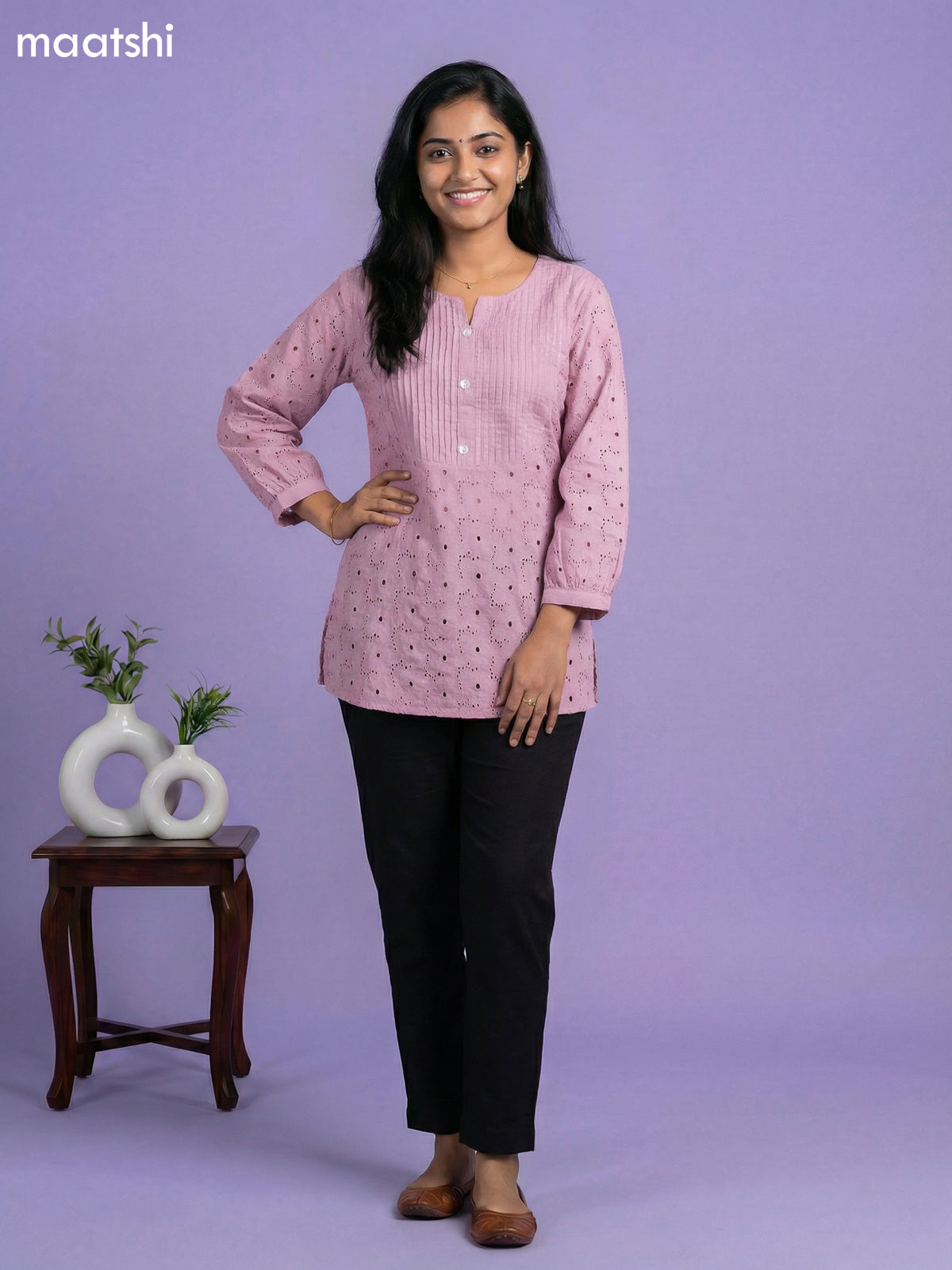 Pastel Pink Cotton Hakoba Work & Simple Embroidery Work Short Kurti