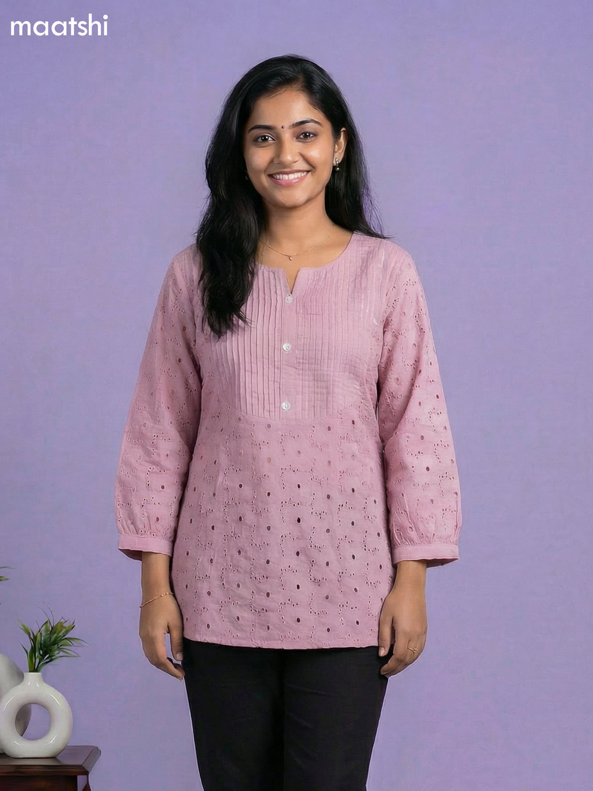 Pastel Pink Cotton Hakoba Work & Simple Embroidery Work Short Kurti