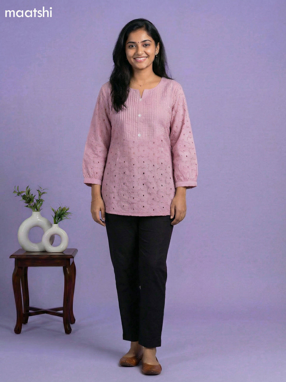 Pastel Pink Cotton Hakoba Work & Simple Embroidery Work Short Kurti