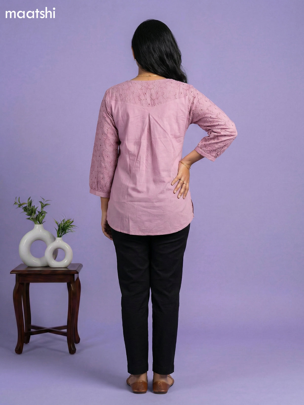 Pastel Pink Cotton Hakoba Work & Simple Embroidery Work Short Kurti