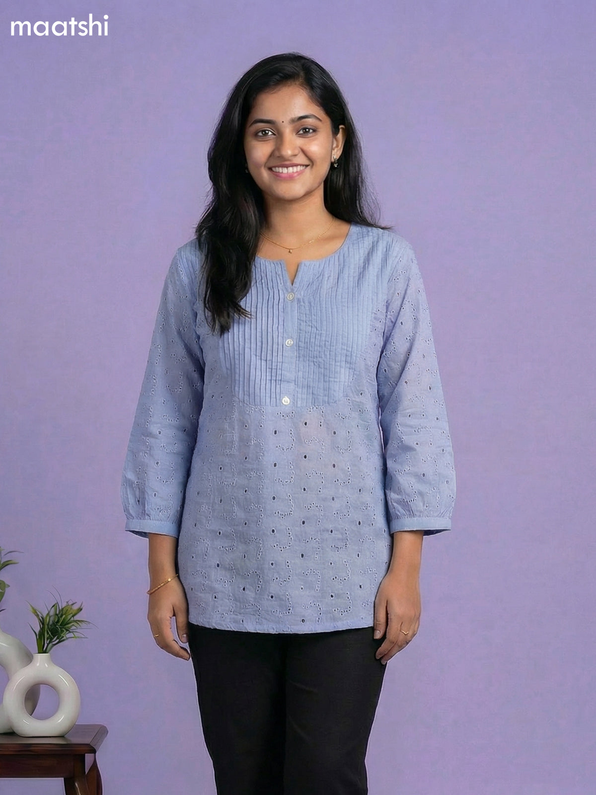 Bluish Grey Cotton Hakoba Work & Simple Embroidery Work Short Kurti