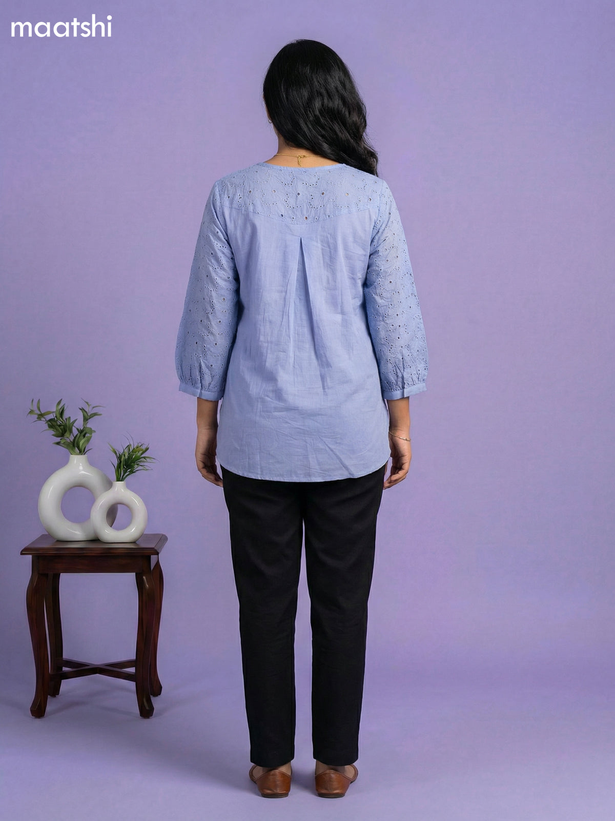 Bluish Grey Cotton Hakoba Work & Simple Embroidery Work Short Kurti