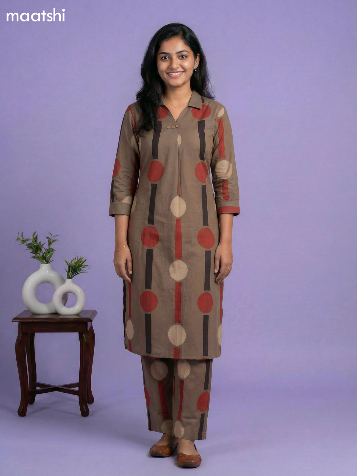 Dark Brown Cotton Printed Short Co-Ord Set