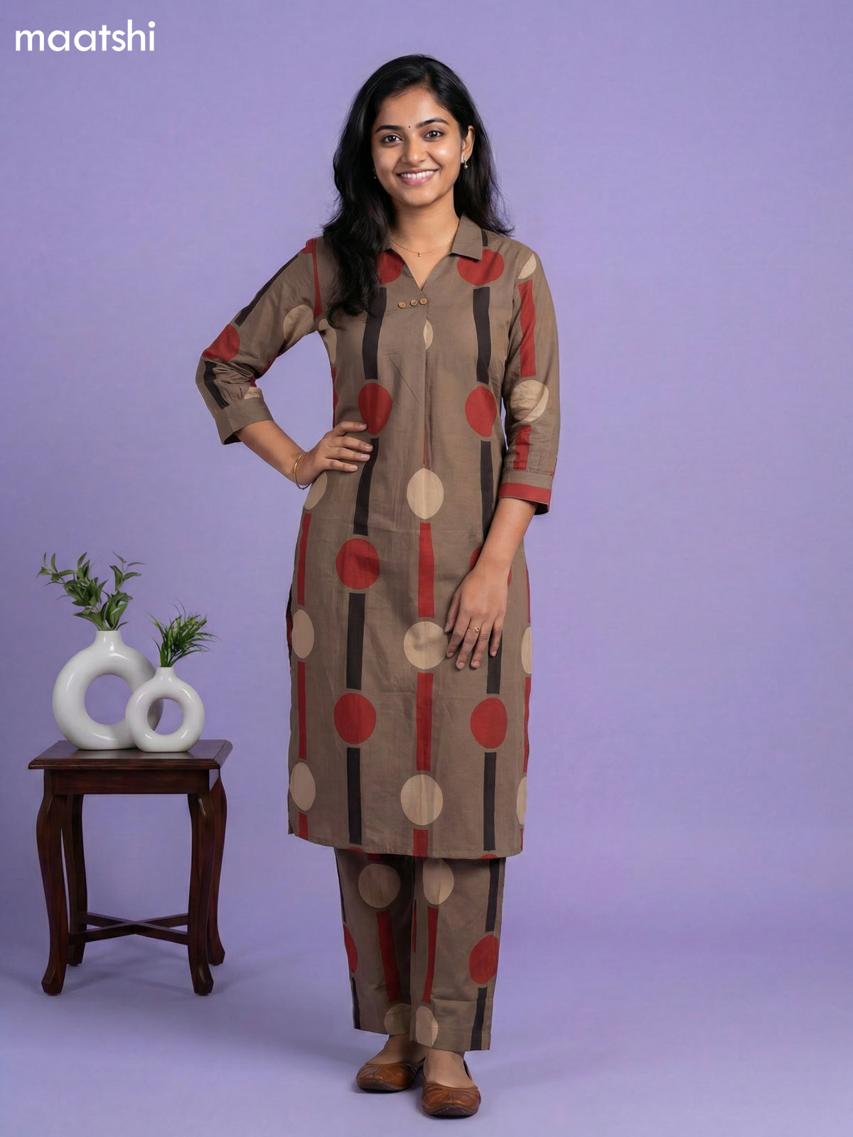 Dark Brown Cotton Printed Short Co-Ord Set