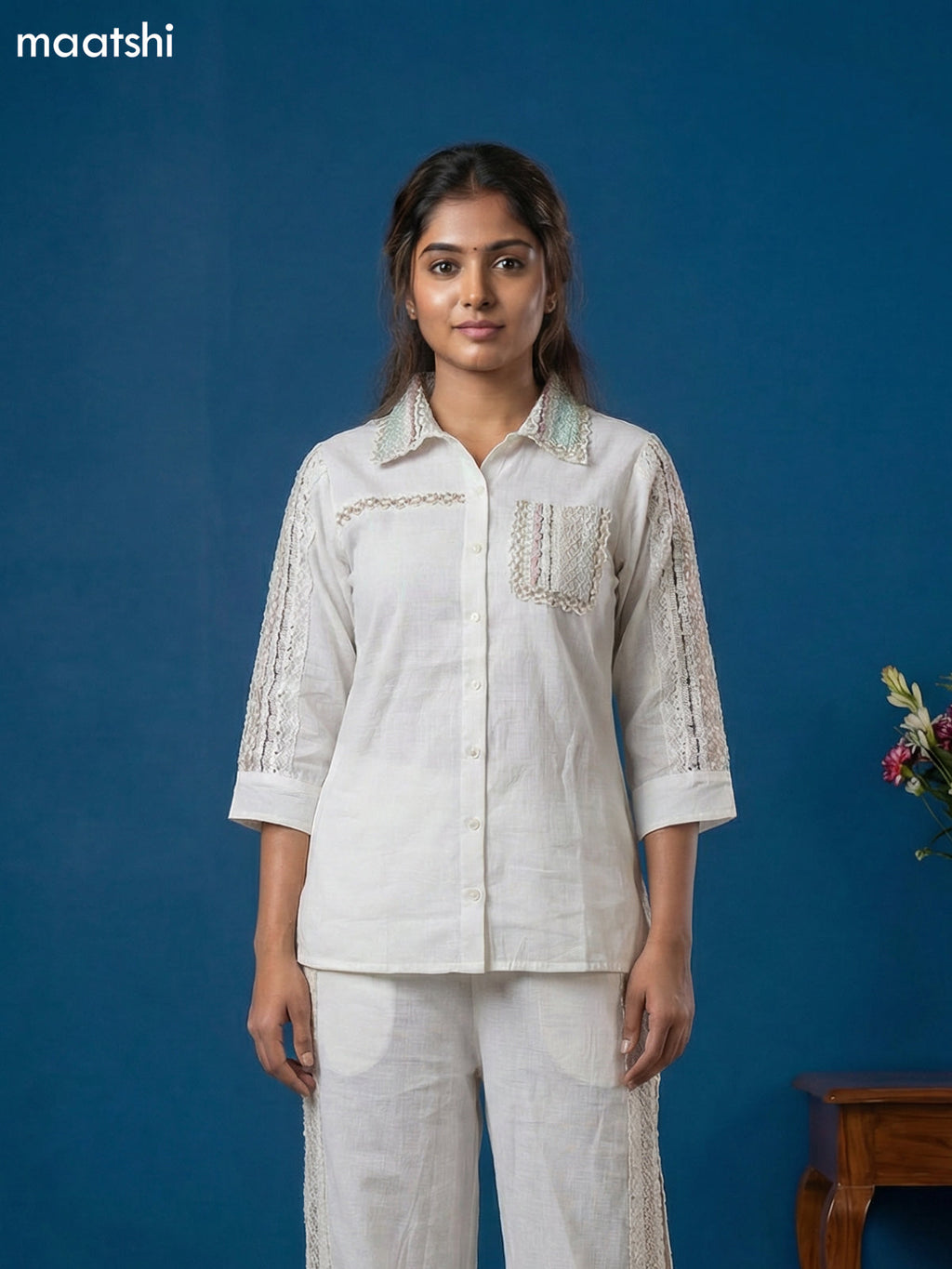 Off White Cotton Embroidery Work Short Co-Ord Set