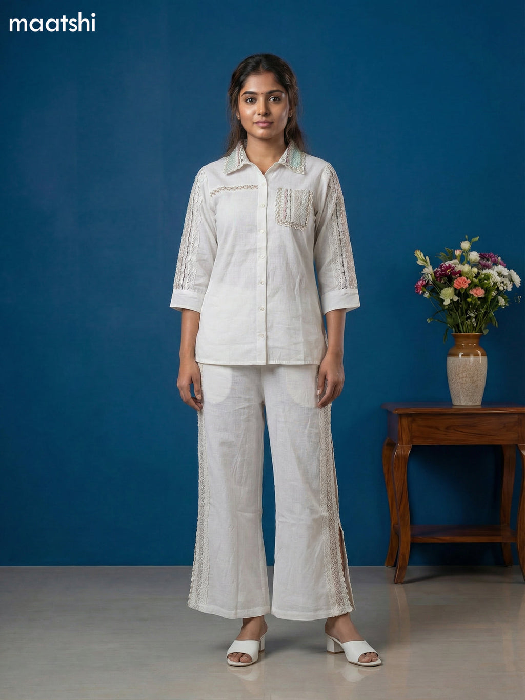 Off White Cotton Embroidery Work Short Co-Ord Set