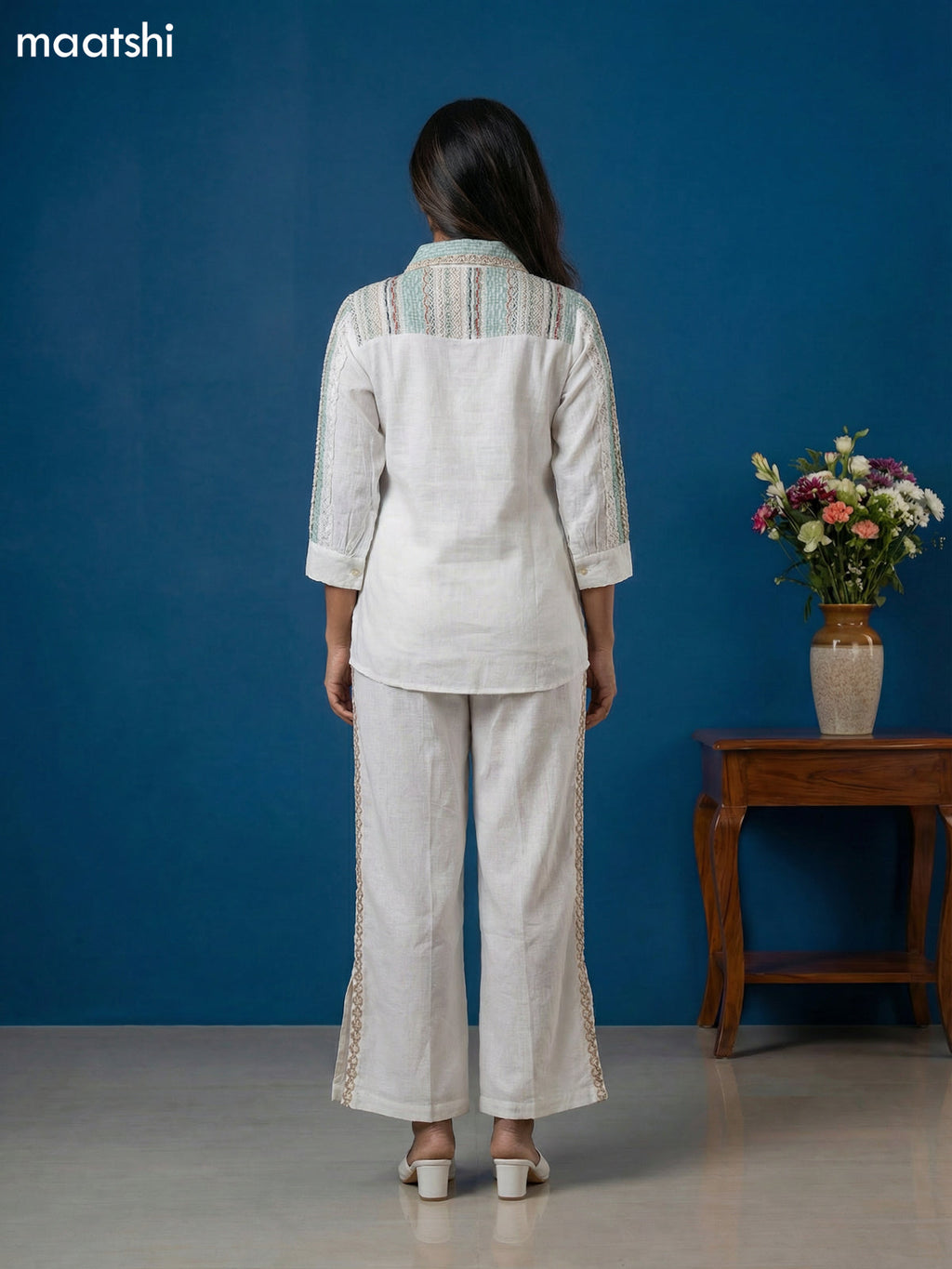 Off White Cotton Embroidery Work Short Co-Ord Set