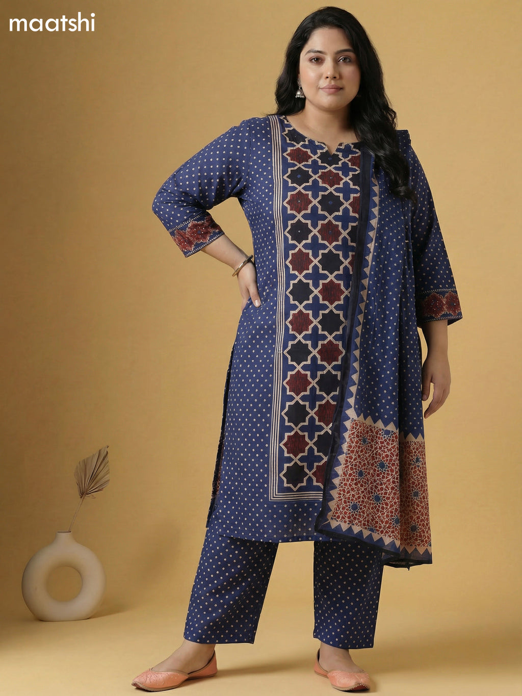 Blue Cotton Printed Straight Suit