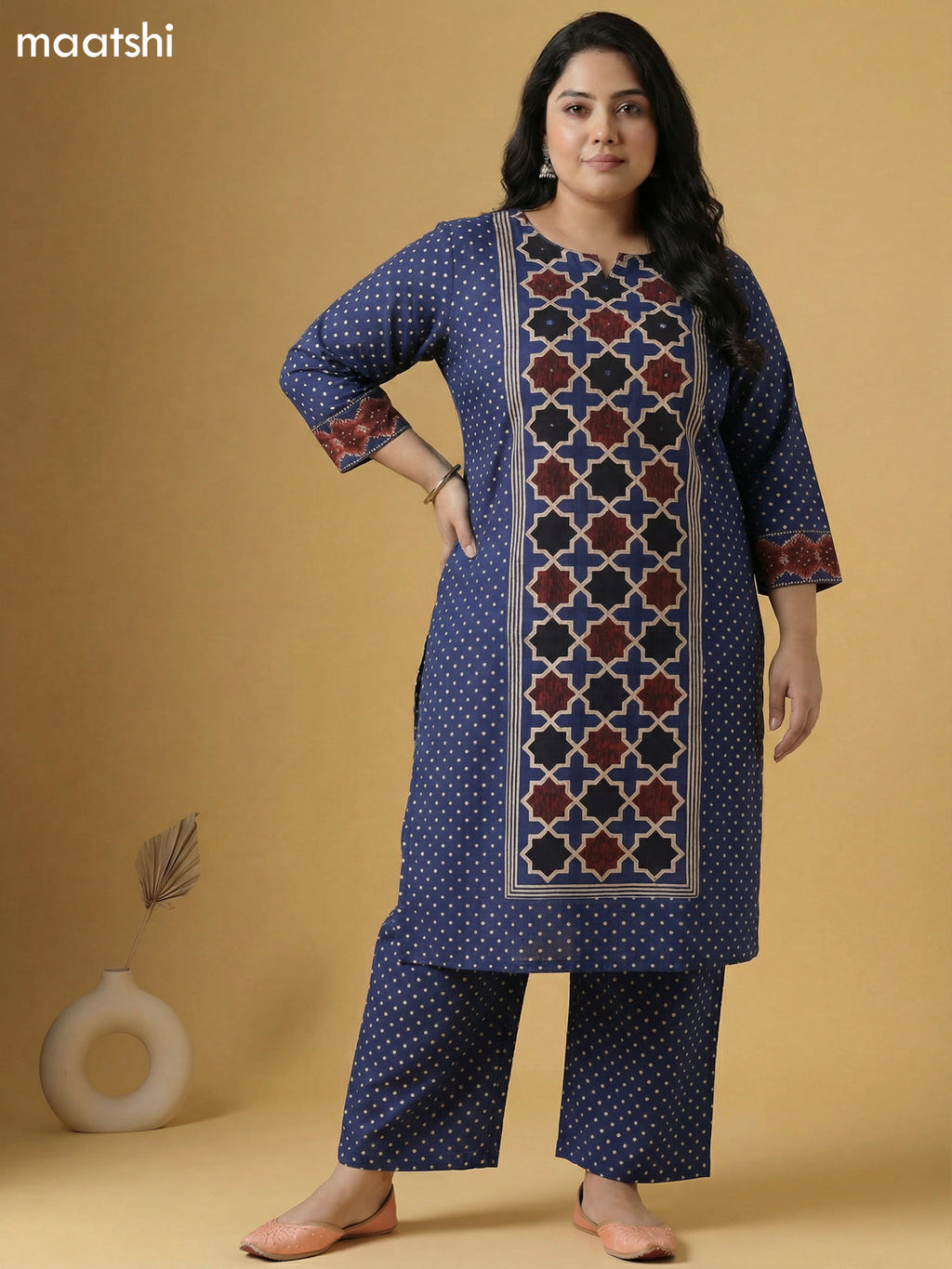 Blue Cotton Printed Straight Suit