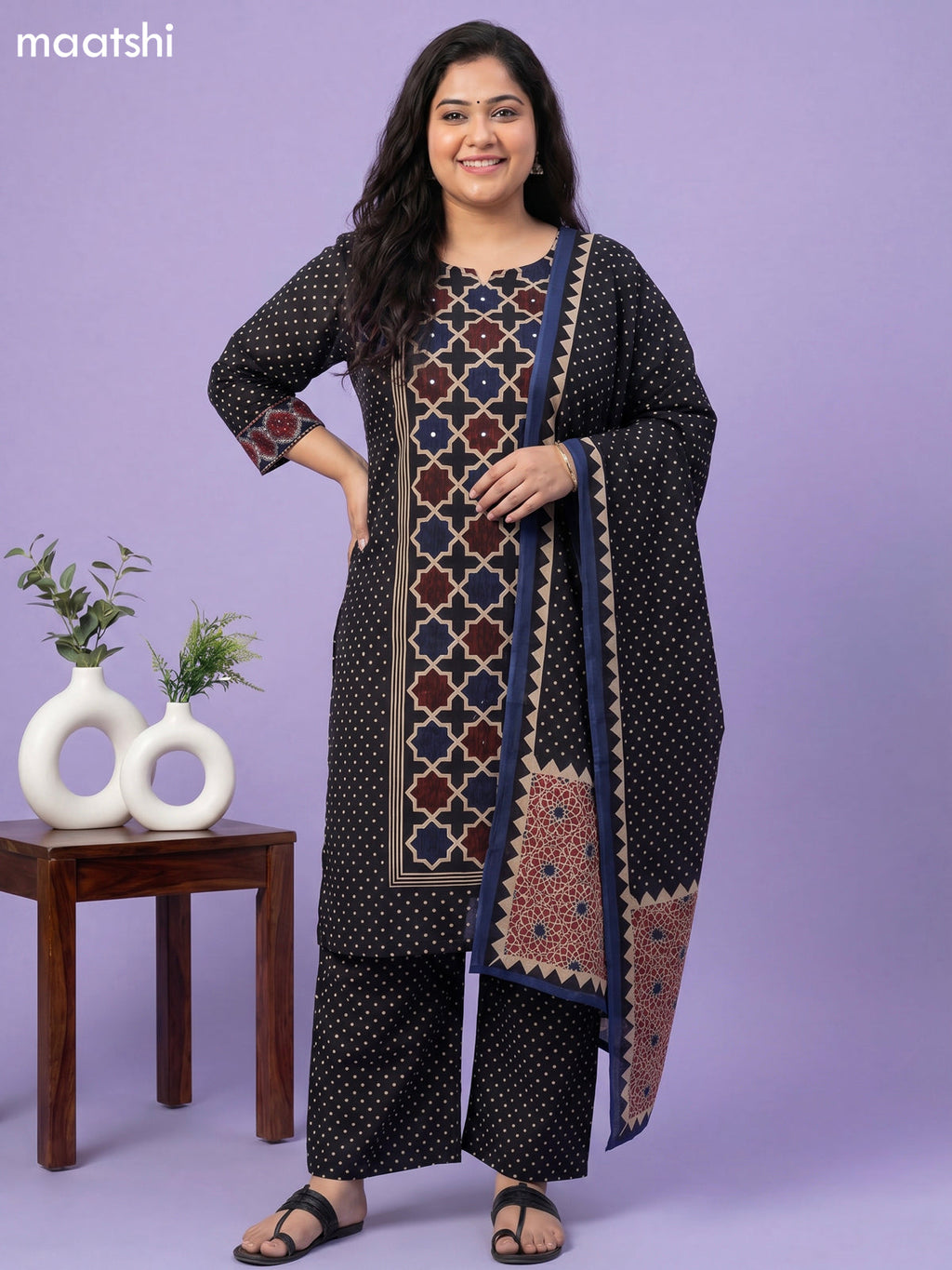 Black Cotton Printed Straight Suit