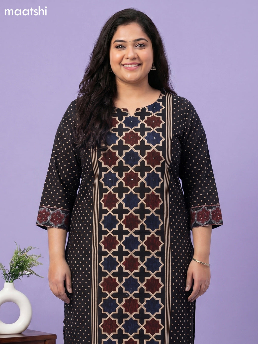 Black Cotton Printed Straight Suit