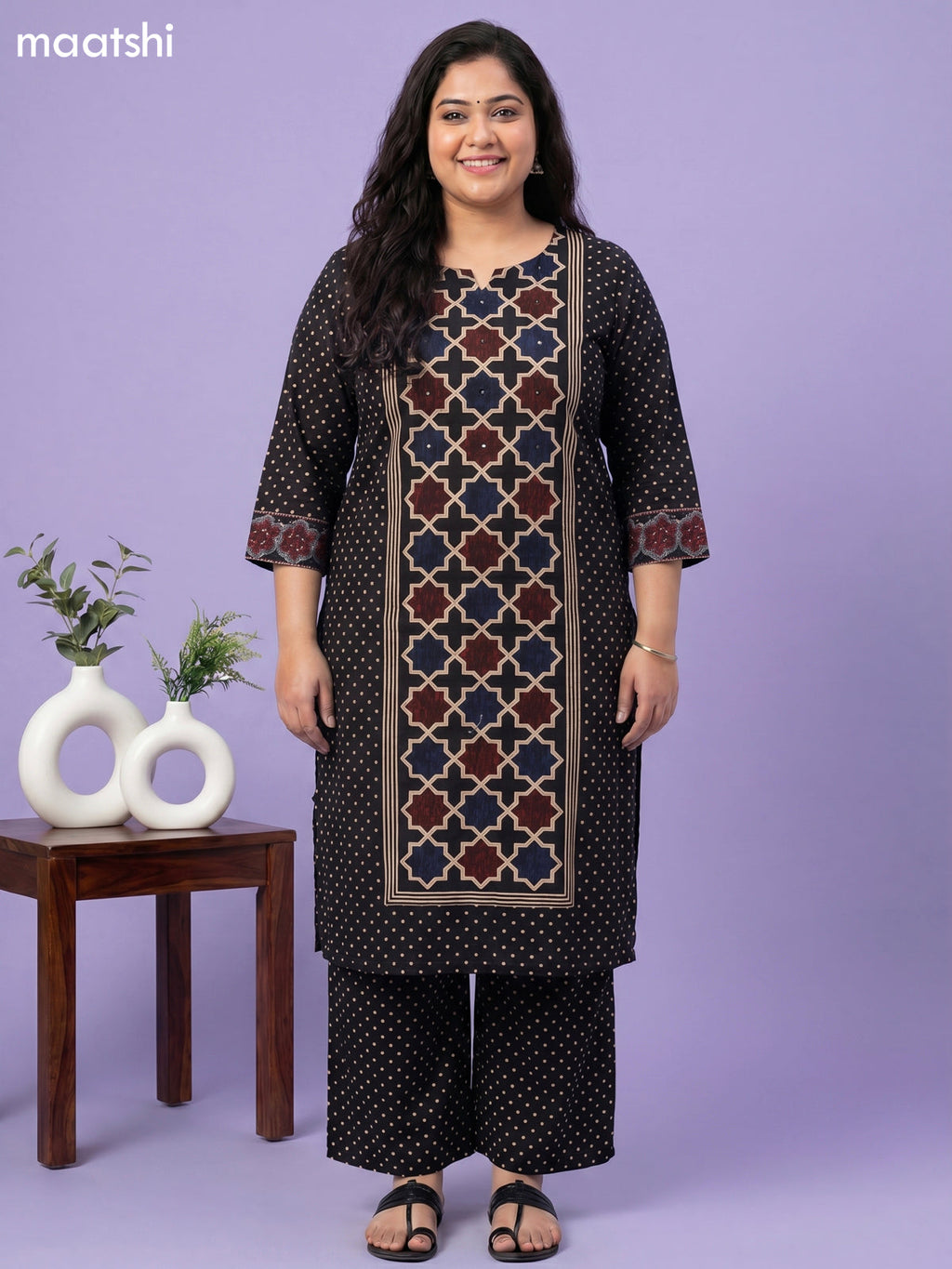 Black Cotton Printed Straight Suit