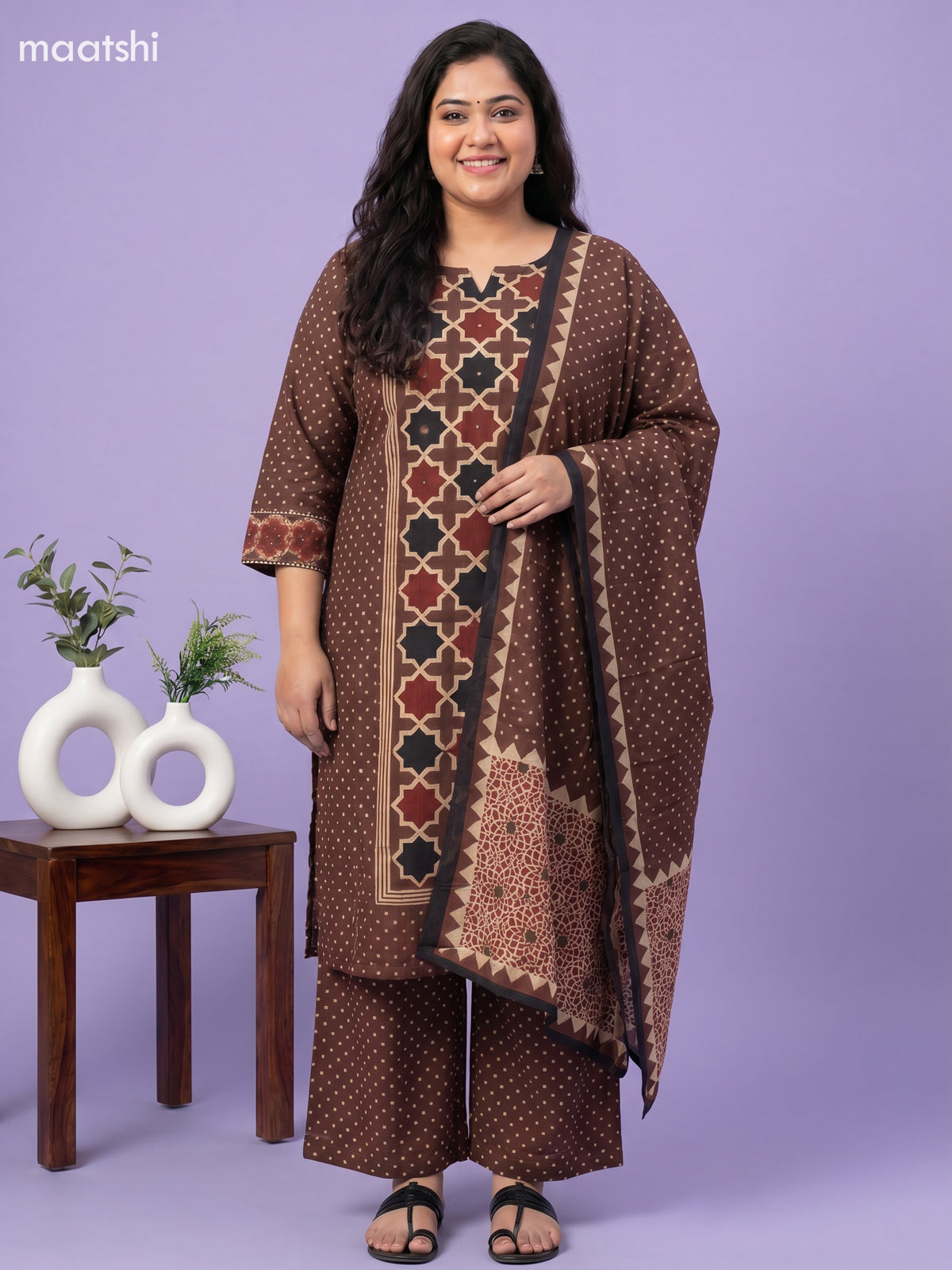 Brown Cotton Printed Straight Suit