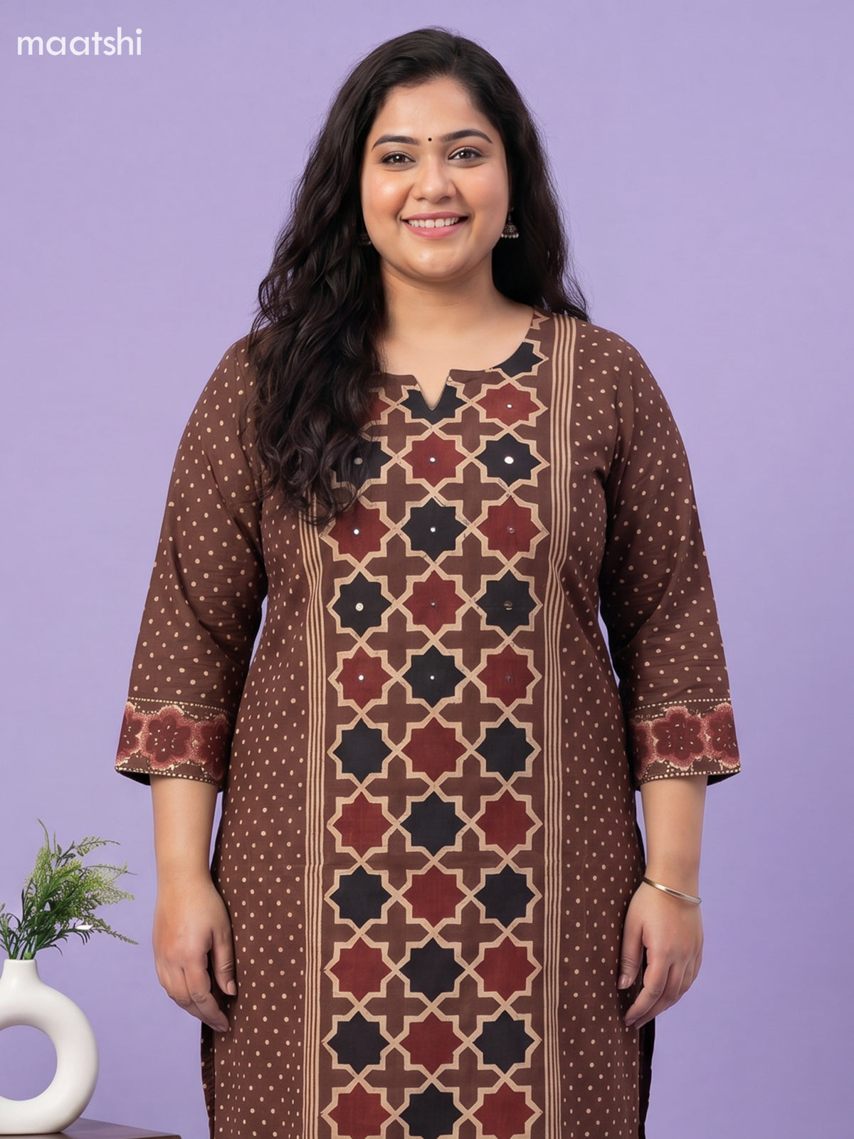 Brown Cotton Printed Straight Suit