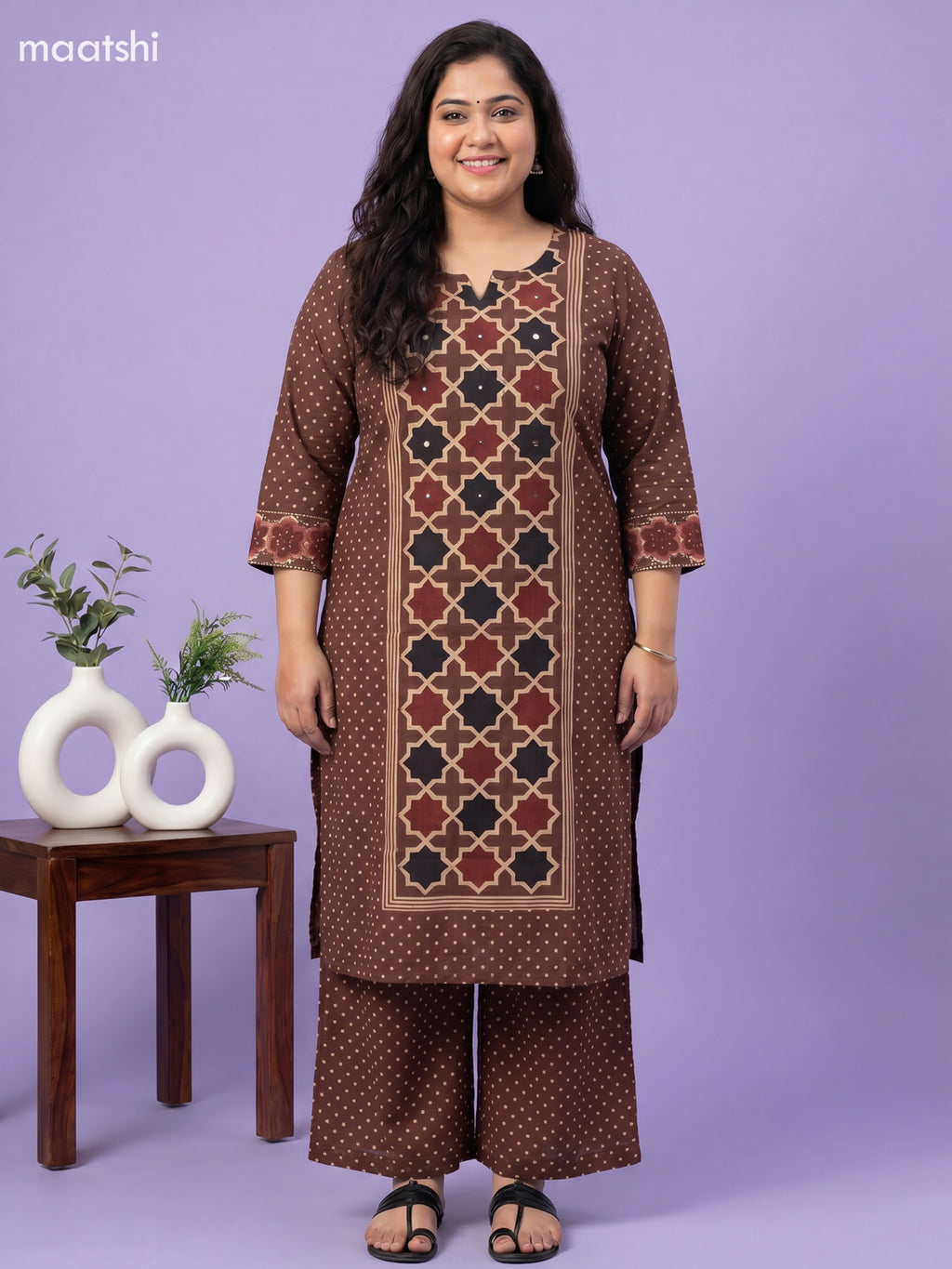 Brown Cotton Printed Straight Suit