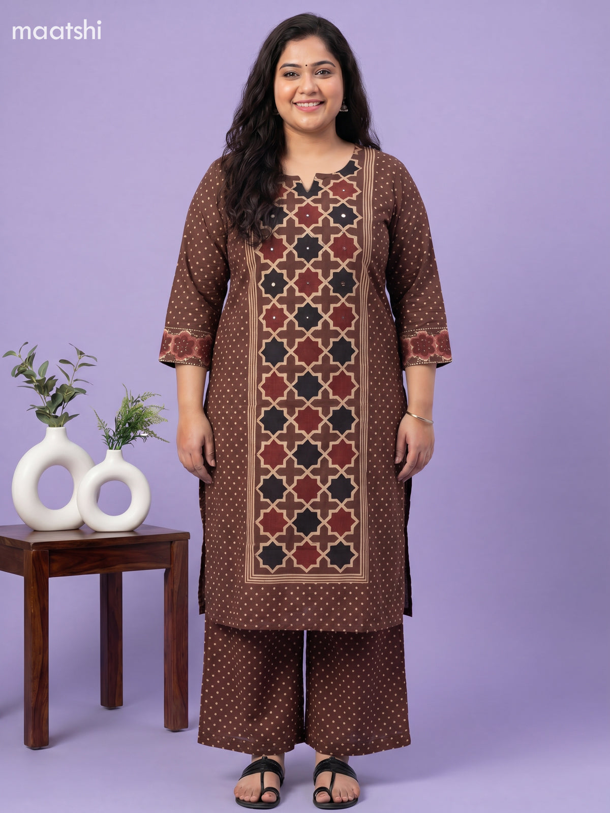 Brown Cotton Printed Straight Suit