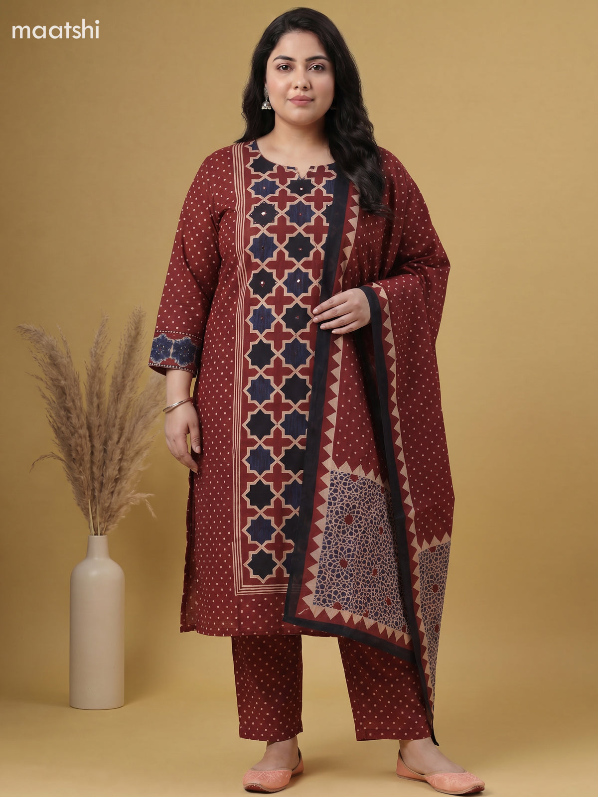 Maroon Cotton Printed Straight Suit