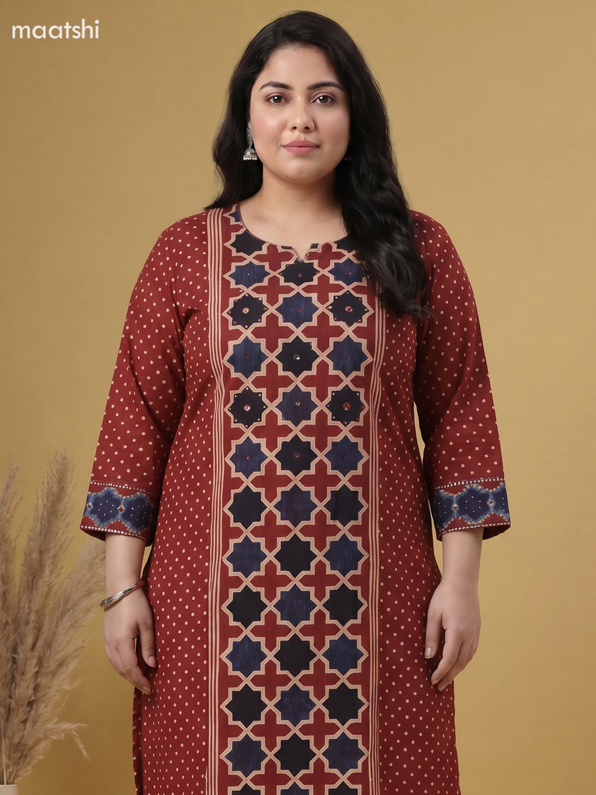 Maroon Cotton Printed Straight Suit