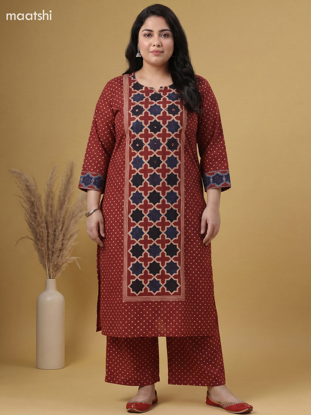 Maroon Cotton Printed Straight Suit