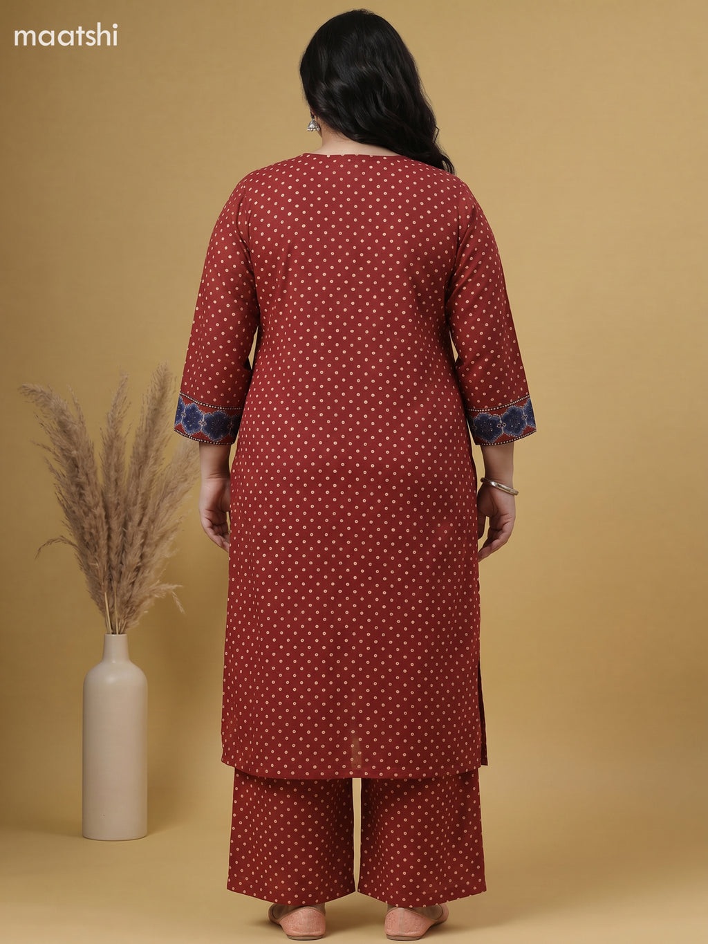 Maroon Cotton Printed Straight Suit