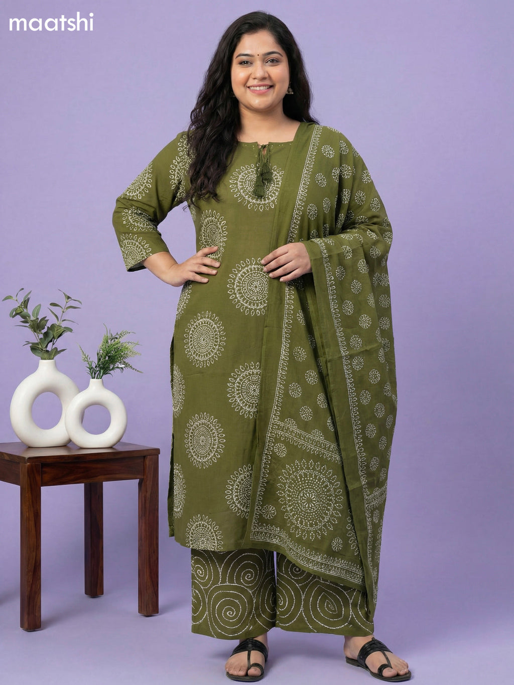 Mehendi Green Cotton Bandhini Printed Straight Suit