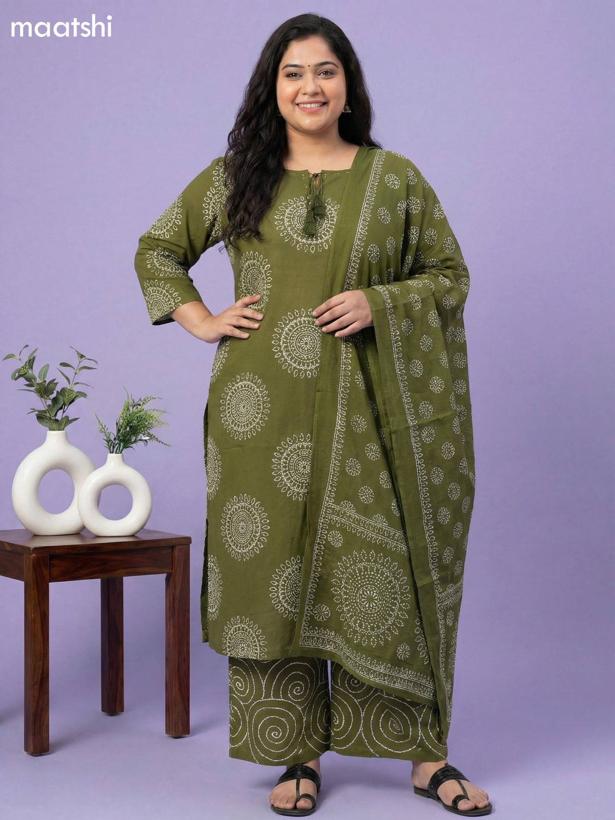 Mehendi Green Cotton Bandhini Printed Straight Suit