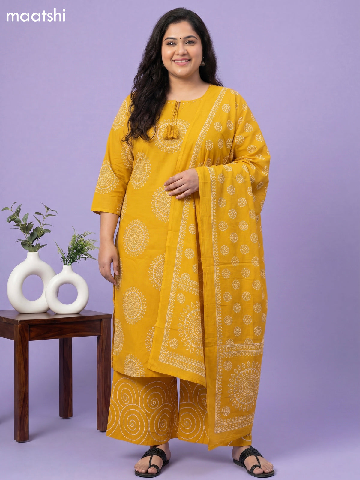 Yellow Cotton Bandhini Printed Straight Suit