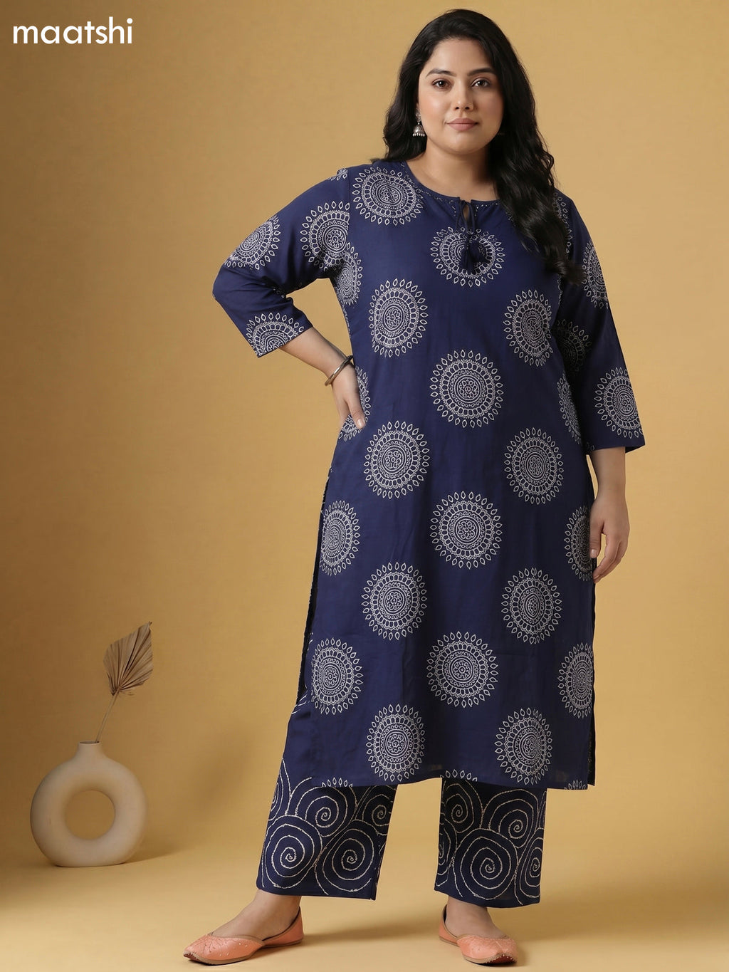 Navy Blue Cotton Bandhini Printed Straight Suit
